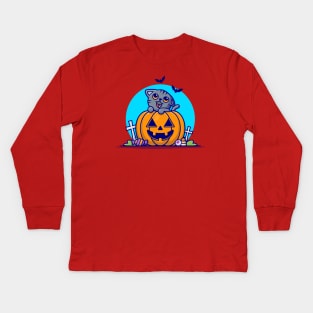 Cute Grey Cat With Pumpkin Halloween Cartoon Vector Icon Illustration Kids Long Sleeve T-Shirt